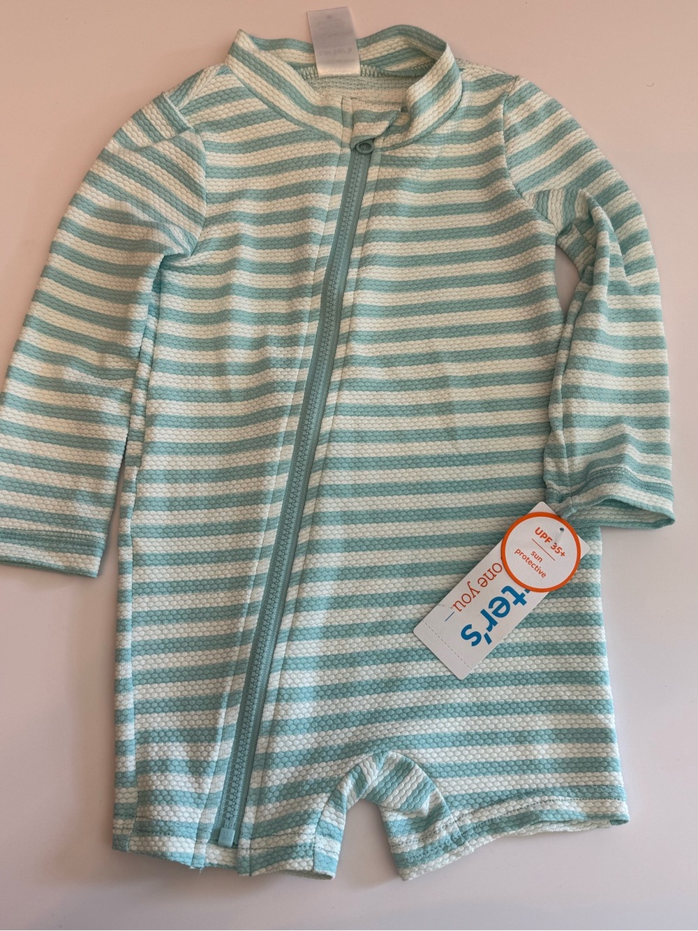 Carter's Aqua and White Striped One-Piece Zippered swimsuit coverup Romper